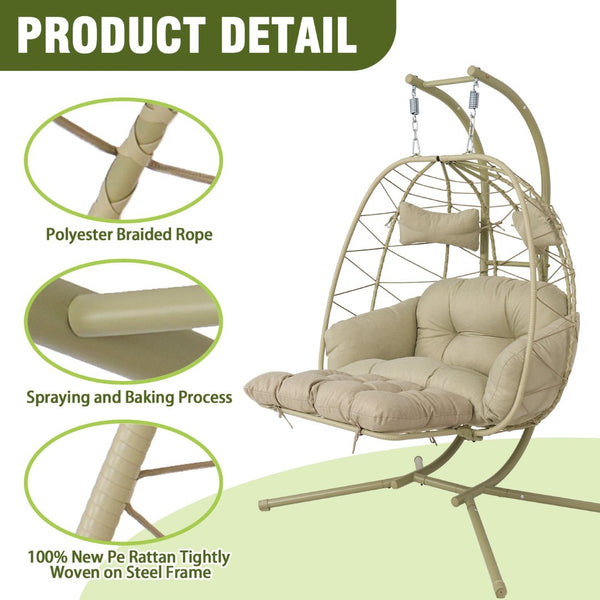 English Elm 2 Person Wicker Hanging Egg Chair with Stand Padded Cushions Patio Swing Seat T5880P500217