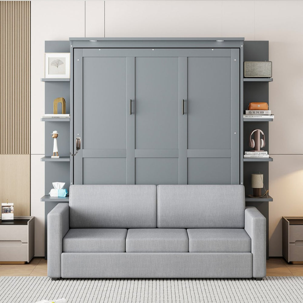 English Elm Queen Murphy Bed with Integrated Sofa Space Saving Fold Down Cabinet for Studio Living Gray LP000591AAE-1