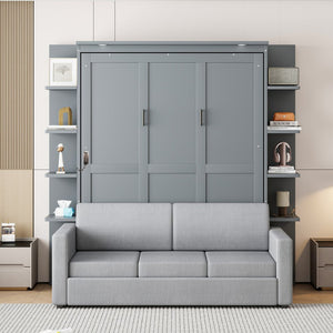 English Elm Queen Murphy Bed with Integrated Sofa Space Saving Fold Down Cabinet for Studio Living Gray LP000591AAE-1