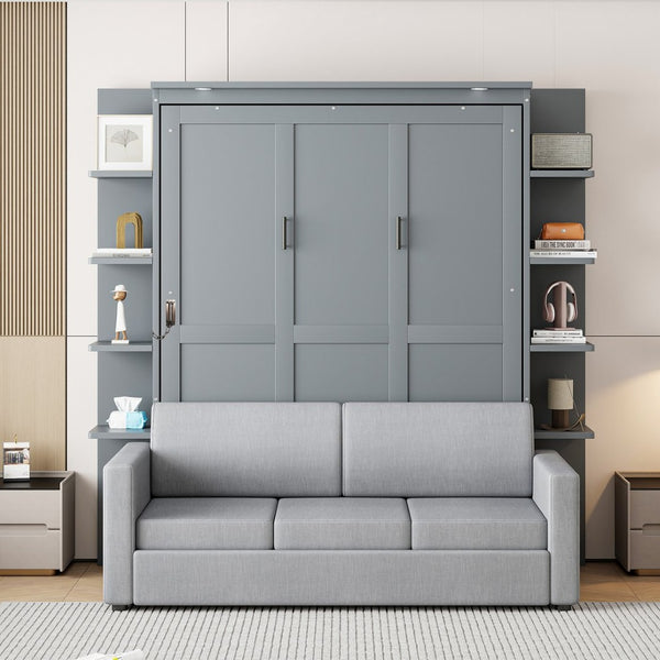 English Elm Queen Murphy Bed with Integrated Sofa Space Saving Fold Down Cabinet for Studio Living Gray LP000591AAE-1