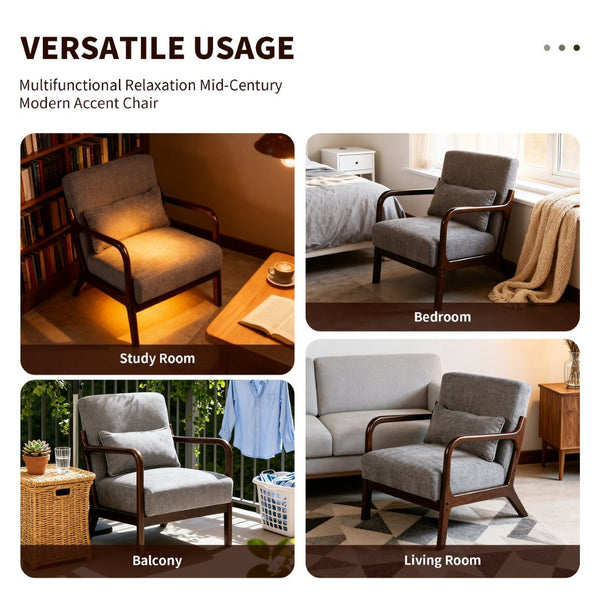 English Elm Mid Century Modern Accent Armchair Rubberwood Frame Lumbar Pillow Living Room Seat W2989P426381