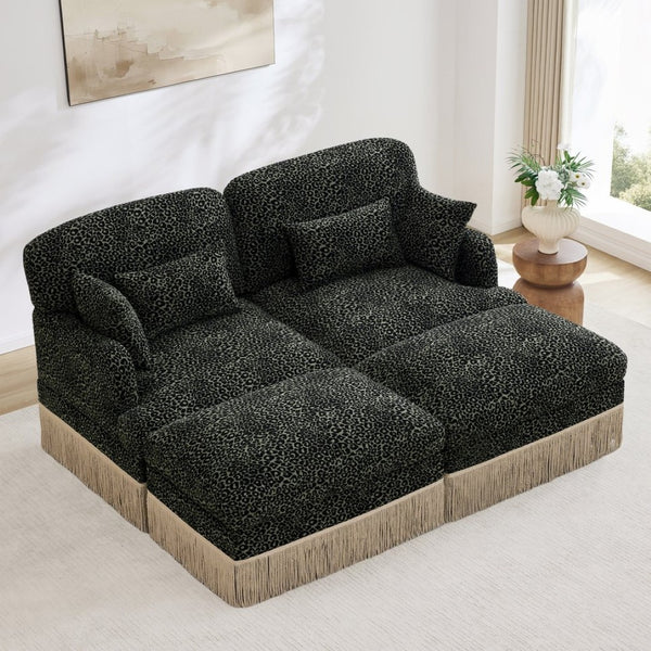 English Elm Comfy Chenille Leopard Print Loveseat with Tassel Trim and Movable Ottoman Modules Green W5656S00030