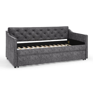 English Elm Twin Linen Tufted Daybed with Pop up Trundle and Usb Port for Guest Rooms Grey W1413S00128