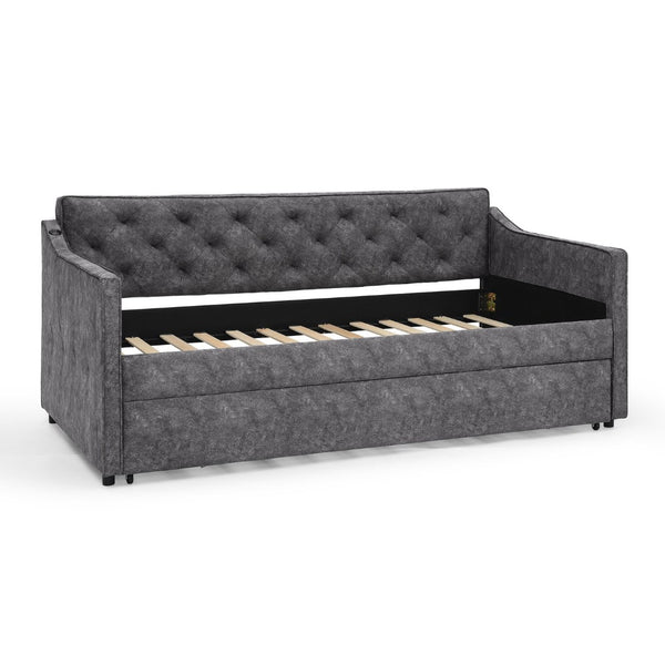 English Elm Twin Linen Tufted Daybed with Pop up Trundle and Usb Port for Guest Rooms Grey W1413S00128