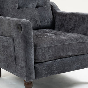 English Elm Accent Comfy chenille chair with USB charging, ergonomic wide back, high-rebound sponge, retro wooden legs DARK GREY W2715P312493