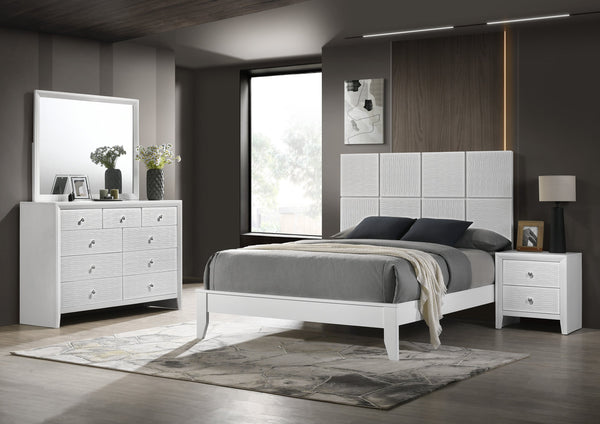 English Elm 1Pc King Size Bed – Modern Crisp White Finish With Textured Geometric Headboard For Elegant Bedrooms B2741S00279