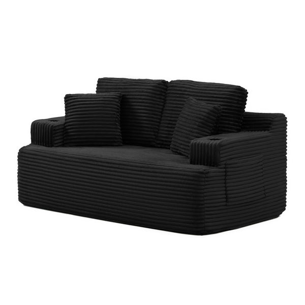 English Elm Boneless Floor Sofa Corduroy Upholstered 5 Seat Low Profile with Cup Holders for Living Room Black W1117S00435