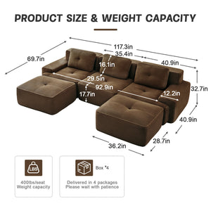English Elm 117" Modern U-Shaped Modular Sectional Sofa - Luxurious Corduroy, Deep Seats, Movable Ottoman, No Assembly W714S01505