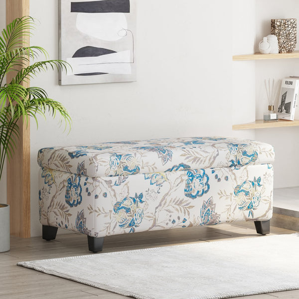 English Elm Christopher Knight Home® - Luxury Storage Ottoman with Floral Patterned Fabric, Soft-Close Hinges, Hidden Compartment for Blankets and Seating Comfort Blue Flower,Blue Multi N767P257582M