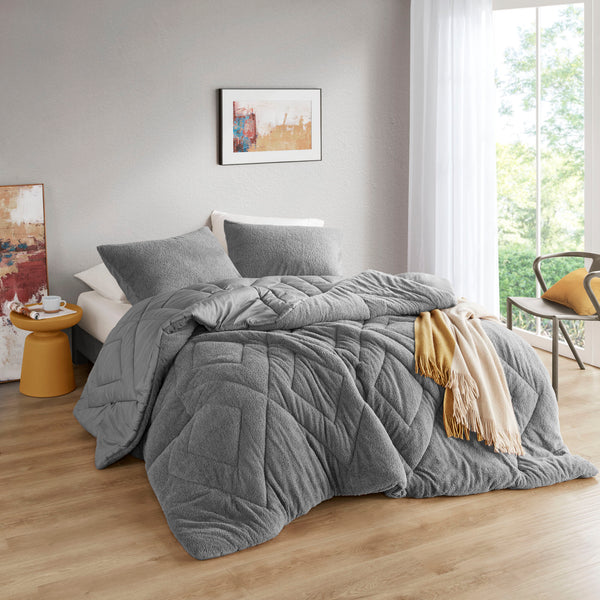 JLA Home Comfort Spaces - Double Diamond Plush Teddy Comforter Set with Double Diamond Quilting, Oeko-Tex, All-Season Cozy Luxury Gray AM10-0268