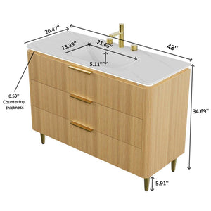 English Elm AMARA 48" Bathroom Vanity with Integrated Sintered Stone Basin, Pre-Assembled Plywood Cabinet, 3 Drawers, Motion Light Carrara White,Light Oak W2615P346340