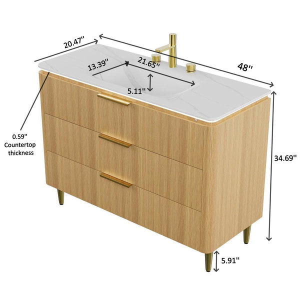 English Elm AMARA 48" Bathroom Vanity with Integrated Sintered Stone Basin, Pre-Assembled Plywood Cabinet, 3 Drawers, Motion Light Carrara White,Light Oak W2615P346340
