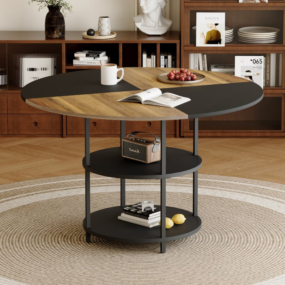 English Elm 47.3-inch Round Dining Table Geometric Wood Black Mdf Top with Built-in Storage Shelf W1151P268732