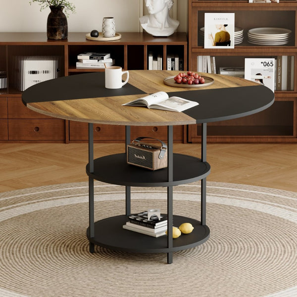 English Elm 47.3-inch Round Dining Table Geometric Wood Black Mdf Top with Built-in Storage Shelf W1151P268732