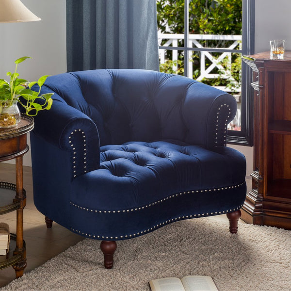 English Elm Jennifer Taylor Home - La La Rosa Victorian Tufted Upholstered Accent Chair in Luxe Velvet with Nailhead Trim and Support Navy Blue B2719P238179