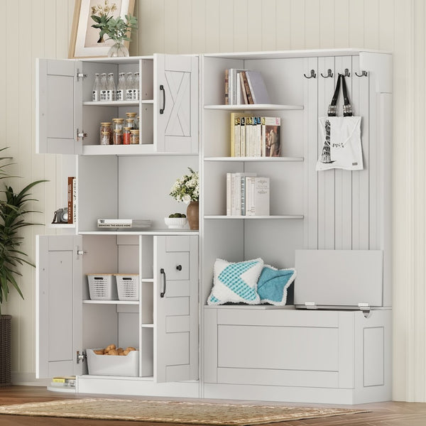 English Elm Multifunctional Modular Hall Tree Cabinet with Open Shelves and Hooks for Entryway White W1580S00519