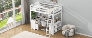 English Elm Full Loft Bed with U-Shaped Workstation, Built-In Drawers, Shelves & Cabinet for Space Saving White GX001039AAK