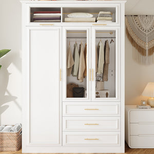 English Elm 3 Door Wardrobe Armoire Closet with LED Lighting, 4-Door Style, 3 Drawers, White Gold Accents, Spacious Storage N7090001843K