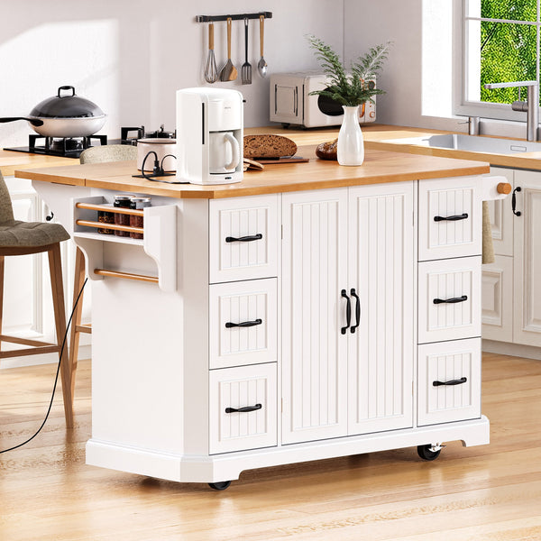 English Elm K&K 56-Inch Kitchen Island Cart with Embossed Vertical Stripe, Drop Leaf, Charging Station, Storage White N707P266184W