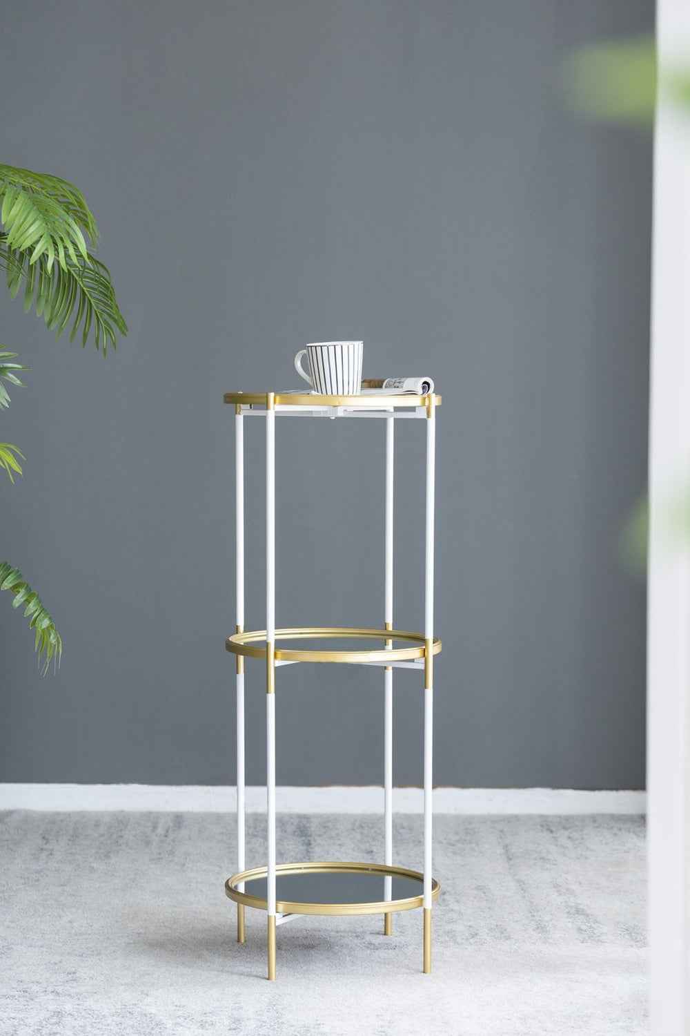English Elm D16x39.5" Elegant 3-Tier Display Shelf in White & Gold — Slim Art Deco Glass Shelves for Décor (98) W2078P394086