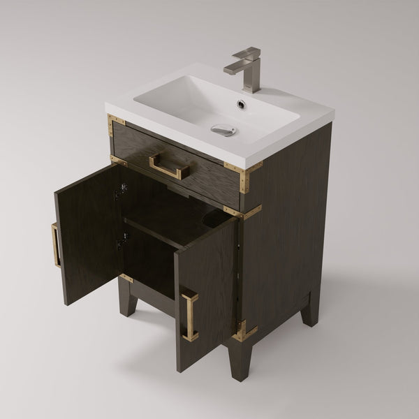 English Elm Brown Oak Single Bath Vanity with Acrylic Top, Chrome Gooseneck Faucet, Soft-Close Cabinet Storage Durable Finish 24"W x 18"D B2731P259742