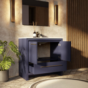 English Elm Navy Blue Single-Sink Vanity Set With White Quartz Top, Gun Metal Faucet & 28" Mirror For Modern Baths B2731S02065
