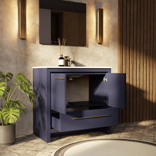 English Elm Navy Blue Single-Sink Vanity Set With White Quartz Top, Gun Metal Faucet & 28" Mirror For Modern Baths B2731S02065