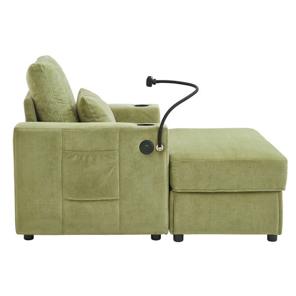 English Elm Modern Multifunctional Armchair with Chaise Lounge, Hidden Ottoman Storage, USB Ports & Cup Holders Green N719P292700F