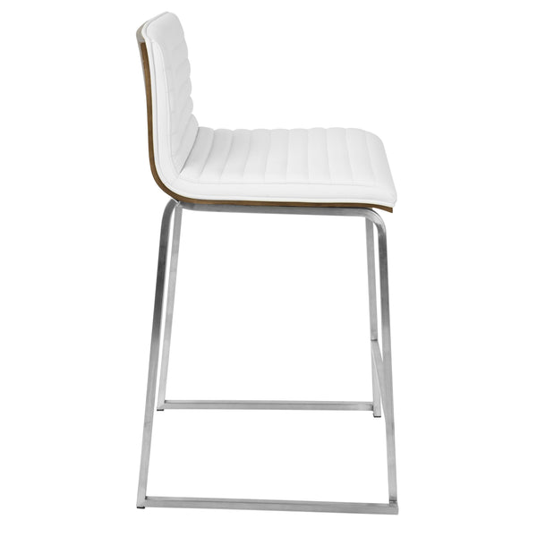 English Elm Mara 26" Contemporary Counter Stool Set of 2 - Tufted White Faux Leather, Walnut Back, Brushed Steel Footrest B202P222390