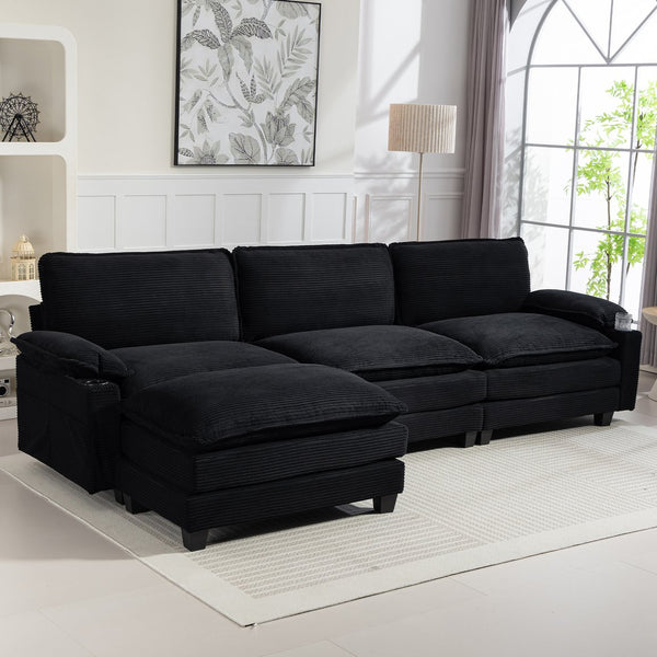 English Elm 113" Modern 3+1 L-Shaped Corduroy Sofa with Double-Layer Cushions, Cup Holders & Storage Bags Black W2715S00006