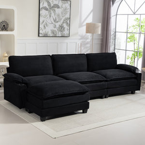 English Elm Modern Black Corduroy L-shaped Sectional with Ottoman for Spacious Living Rooms W2715P382263