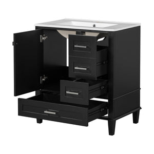English Elm 30" Modern Bathroom Vanity with Solid Wood Frame, 3 Soft-Close Drawers and Ceramic Sink, Sleek Design Black N729P170557B
