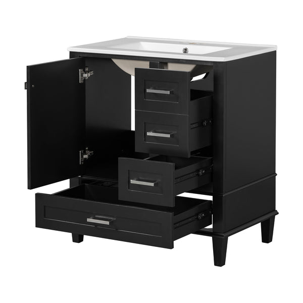 English Elm 30" Modern Bathroom Vanity with Solid Wood Frame, 3 Soft-Close Drawers and Ceramic Sink, Sleek Design Black N729P170557B