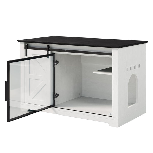 English Elm 46" Farmhouse Litter Box Enclosure with Barn Door Led Lighting and Storage Cabinet N704P402453K