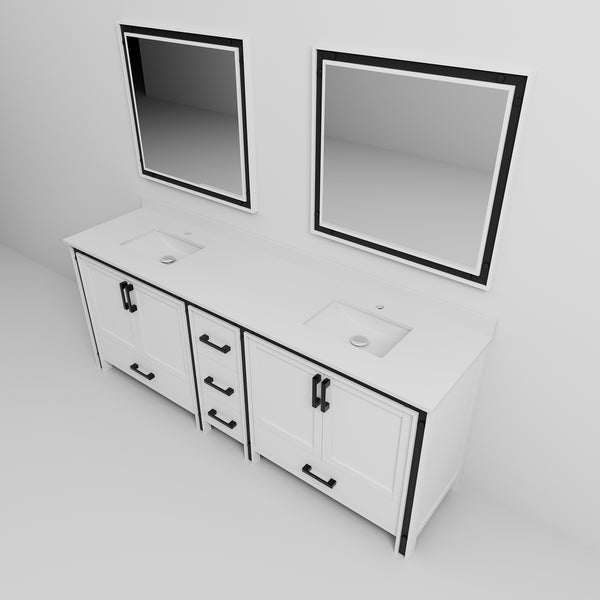 English Elm White Double Bath Vanity 84 in W x 22 in D with White Quartz Top, Soft-Close Drawers & Dual Mirrors B2731S00919