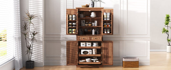 English Elm K&K 71" Tall Farmhouse Pantry Cabinet with Groove Edges, 3 Pull-Out Organizers, 6 Door Shelves Brown N707P256507Z