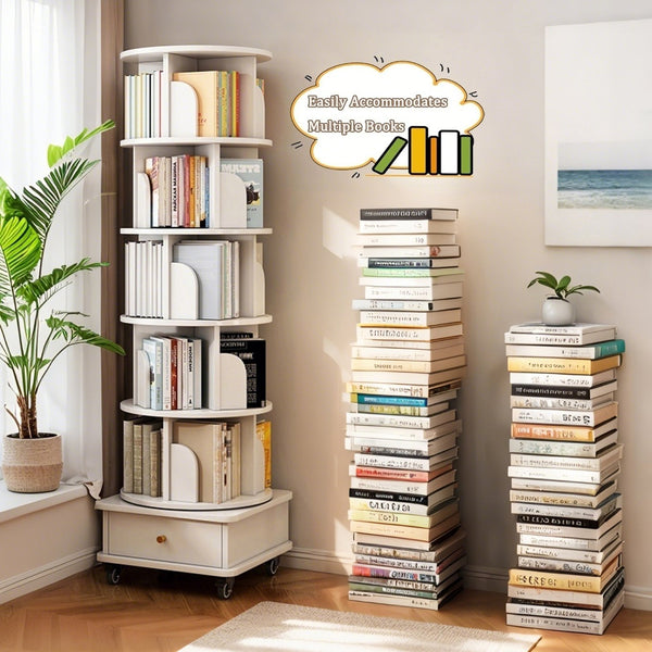 English Elm 6 Tier Rotating Bookshelf 360° Spinning Tower with Lockable Wheels, Drawer & Stable Base for Home Office White W3204P309485