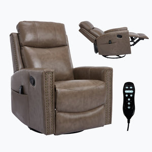 English Elm Camel Genuine Leather Massage Rocker Swivel Recliner with Heat and Lumbar Relief W1803P323716