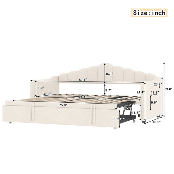 English Elm Upholstered Twin Daybed with Pop up Trundle Velvet Frame and Built in Usb Charging Beige N733S410648A