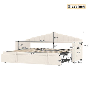 English Elm Upholstered Twin Daybed with Pop-Up Trundle, Built-In USB Type-C Charger, Side Pockets, Velvet Frame Beige 77.25 L x 17.25 W x 5.31 H N733S285118A