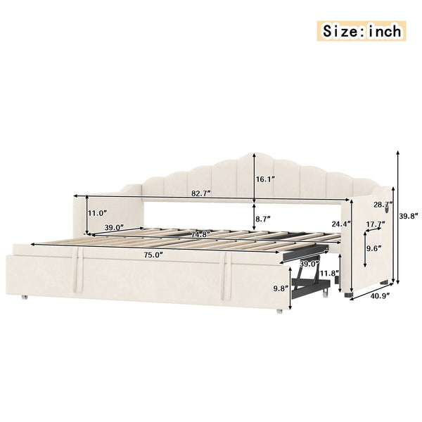 English Elm Upholstered Twin Daybed with Pop-Up Trundle, Built-In USB Type-C Charger, Side Pockets, Velvet Frame Beige 77.25 L x 17.25 W x 5.31 H N733S285118A