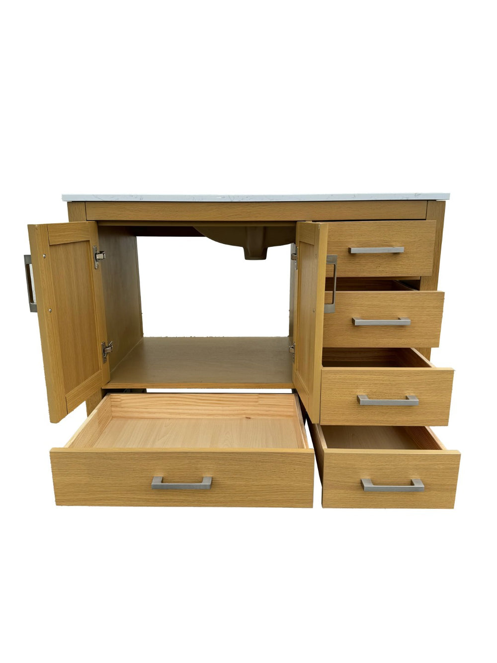 English Elm 42" Oak Bathroom Vanity with Carrara Top Ceramic Sink Five Drawers Two Doors T3785P442240