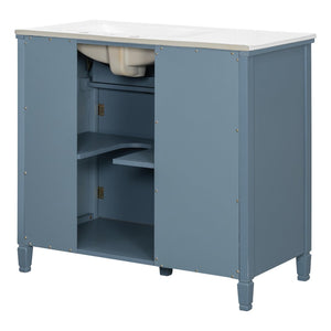 English Elm [video] 36 Inch Freestanding Bathroom Vanity Ceramic Sink Acacia Legs Gray Blue Cabinet N759P284623C