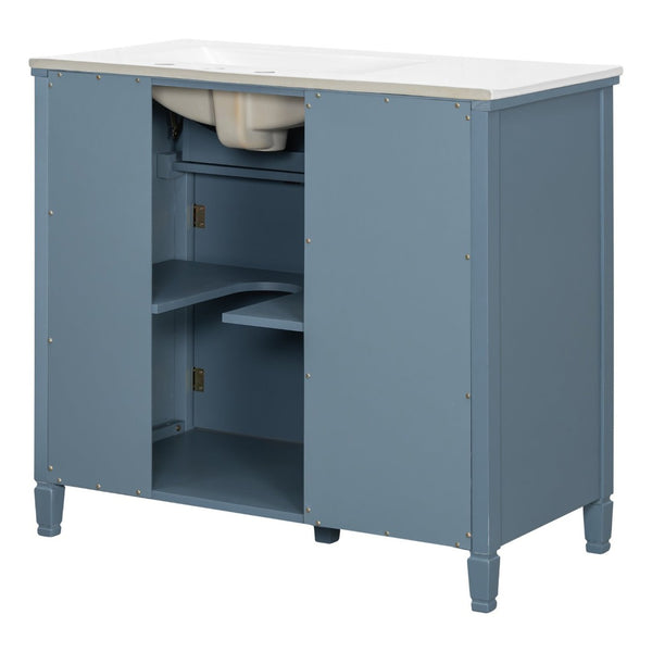 English Elm [video] 36 Inch Freestanding Bathroom Vanity Ceramic Sink Acacia Legs Gray Blue Cabinet N759P284623C
