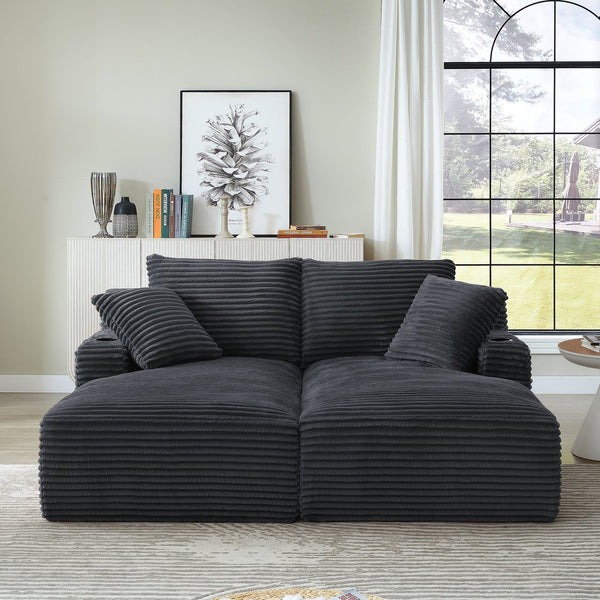 English Elm Compressible Corduroy Double Chaise Lounge with Cupholders, No Assembly, Spring-Padded Comfort Sleeps 94 DARK GREY W2339P346393