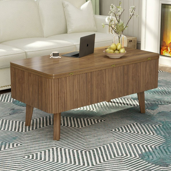 English Elm 3 in 1 Oval Lift Top Coffee Table Fluted Wood Storage Converts for Living Room W2641P422965