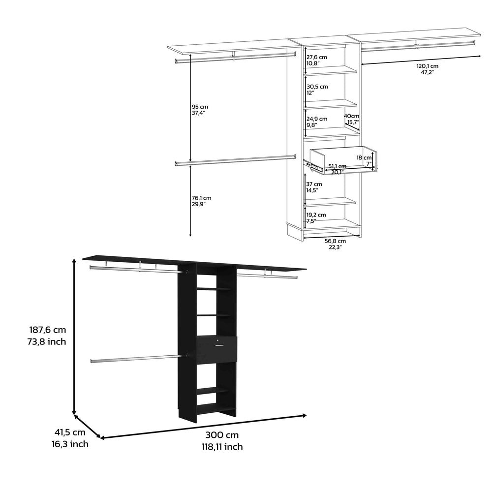 English Elm Closet Adjustable Storage System 70–118" W with Three Hanging Rods, Five Shelves & One Drawer, Engineered Wood Black 51 L x 19 W x 5 H B097S00118