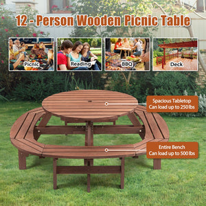 English Elm 10-12-person Round Outdoor Wooden Picnic Table with Umbrella Hole, 500-lb Capacity, Fir Wood, Walnut Brown W1422P269604
