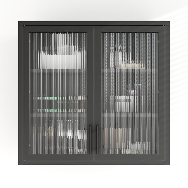 English Elm Retro Wall-Mounted Cabinet with Hazy Tempered Glass Doors, 2 Adjustable Shelves, Steel Black Finish W2378P176274