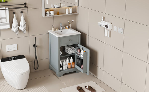 English Elm 20" Bathroom Vanity with Ceramic Sink, MDF Construction, Soft-Closing Door, Storage Rack & Shelf Grey N725P218017E